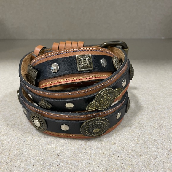 Leather Waist Belt Metal Rivet Studded Waistband Coins Stars Squares 30-35” EUC - Picture 2 of 8